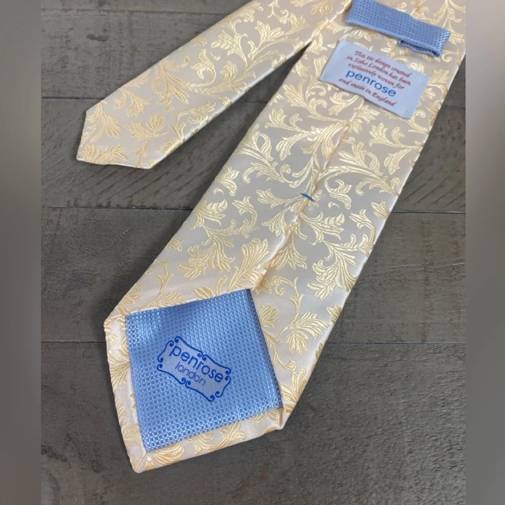 Penrose 100% Mulberry Silk Elegant Gold Jacquard  Leaf Print Tie Made in England